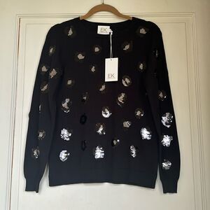 NEW With Tag Pima Cotton Crew Sweater With Leopard Sequin Detail By EK